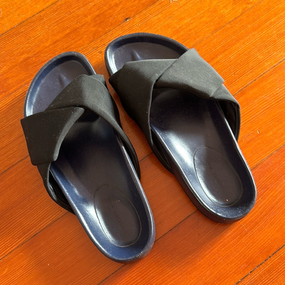 Old Celine sandal slides. Black and navy. Worn. Size 37.